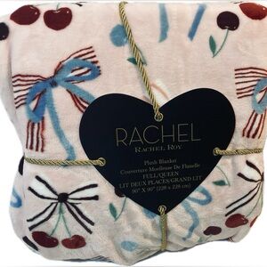 RACHEL Rachel Roy Pink Plush Blanket with Cherry & Blue Bow Print